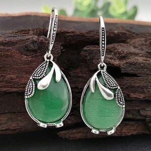 Elegant Green Silver Drop Earrings